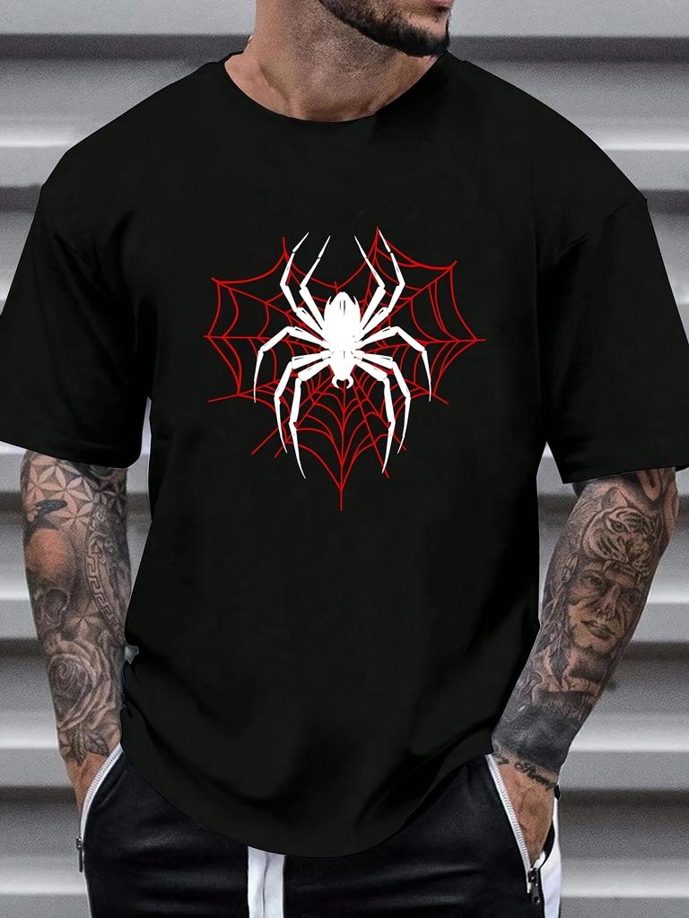 Mens Cotton TShirt Red Spider Web with Black Spider Print Casual Crew Neck Short Sleeve Summer TShirt