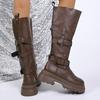 Stivali da Cavaliere con Plateau Autunno 2026 Nuovi Punta Tonda Fibbia Alta Allacciatura Tacco Chunky Stivali da Cowboy Western
