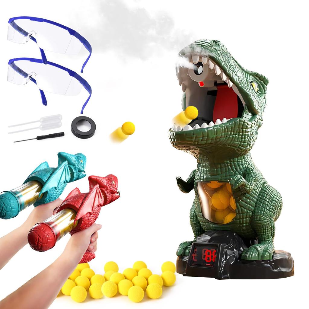 Kammys Shooting Game Toy, Dinosaur Target for Boys, Popper Gun Shooting Indoor Game, Moving Shooting Target, Spray Gun, 2 Sponge Balls, 24 Sponge