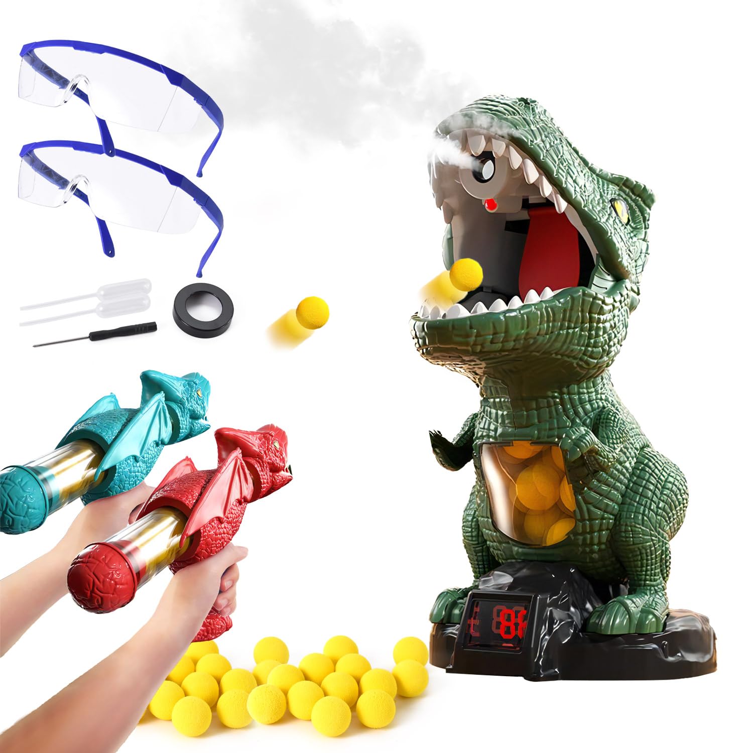 

Kammys Shooting Game Toy, Dinosaur Target for Boys, Popper Gun Shooting Indoor Game, Moving Shooting Target, Spray Gun, 2 Sponge Balls, 24 Sponge