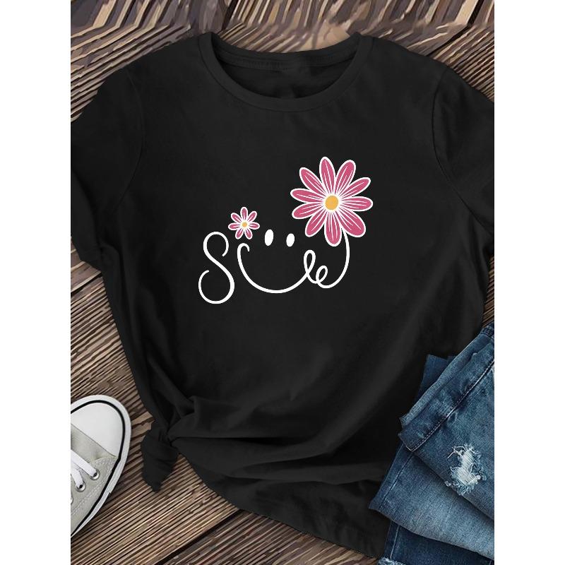 Women's Soft Breathable Short-Sleeve with Smiling Flower Print - Relaxed Fit Round Neck Blouse, Medium-Stretch Machine-Washable Summer Top in Casual