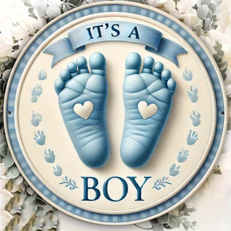 Metal Wall Art Poster for Boy Bedroom, Footprints and Heart Design, Blue Frame 7.87x7.87 Inch