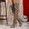 Eilyken Spring Leopard Print Peep Toe Over The Knee Boots Women Sandals Fashion Thin Heels Lace Up Shoes Botas Largas Mujer