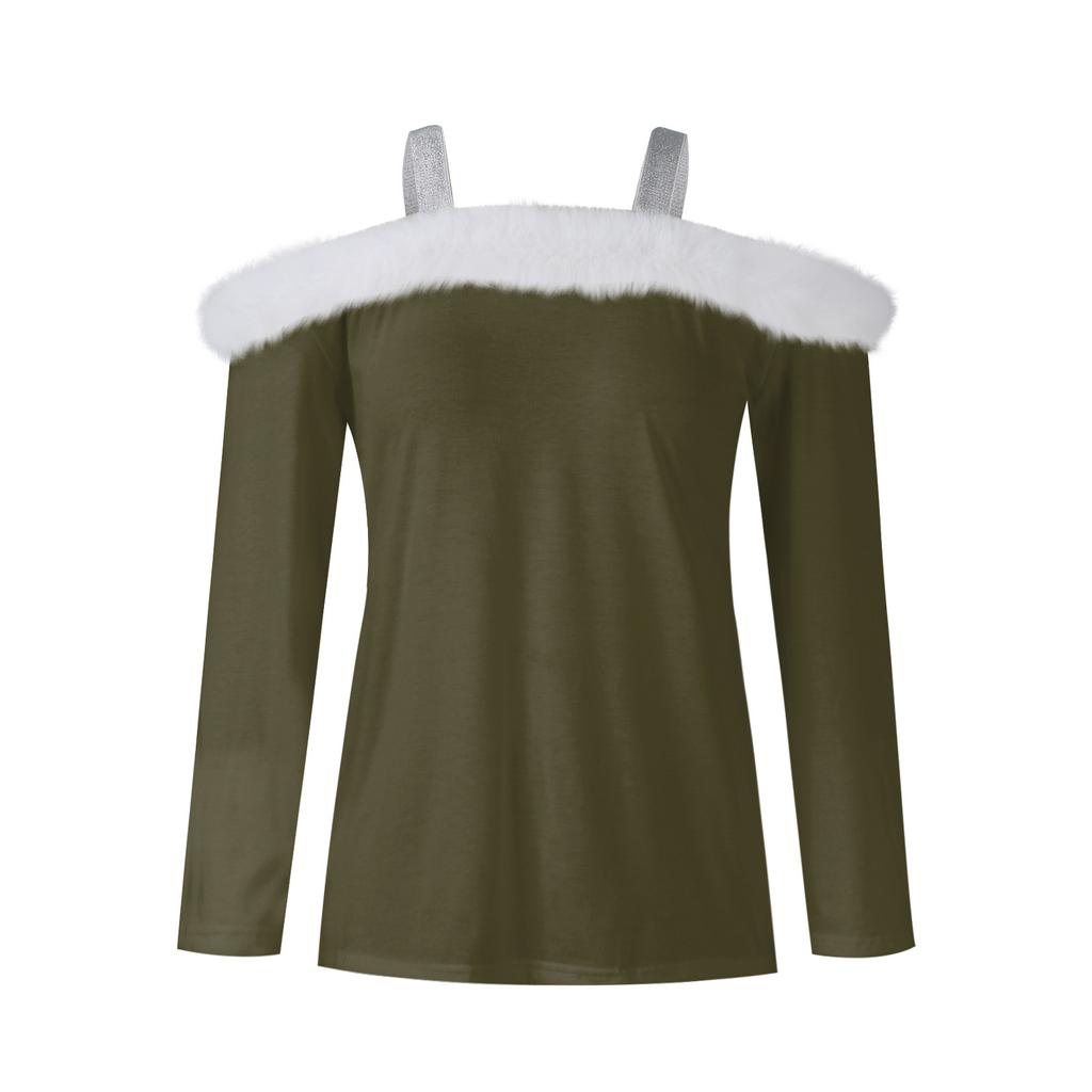 Women's Fashion Long Sleeve Strapless One Shoulder Colour Party Plush Neck Top