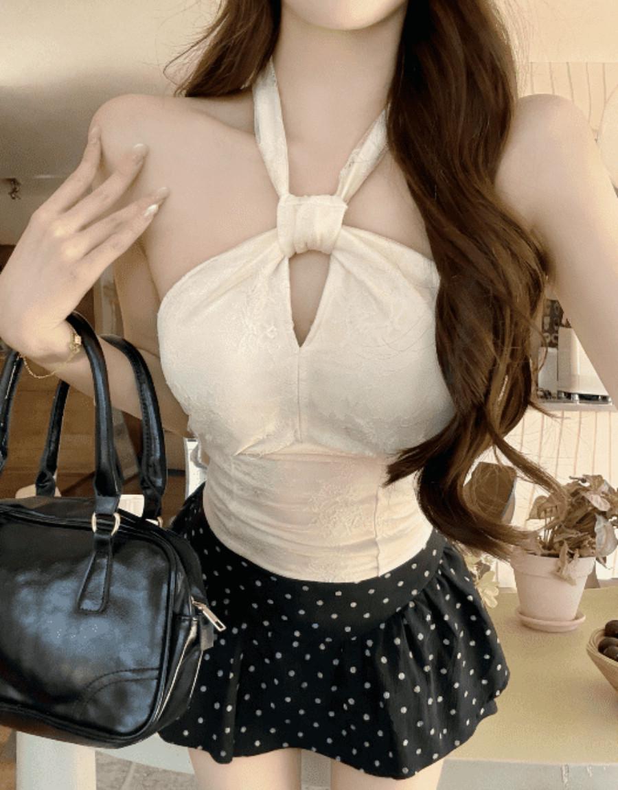 Spicy Girl Lace Patchwork Halter Top: Slim-Fit, Sexy Summer Tank One Size абрикосовый