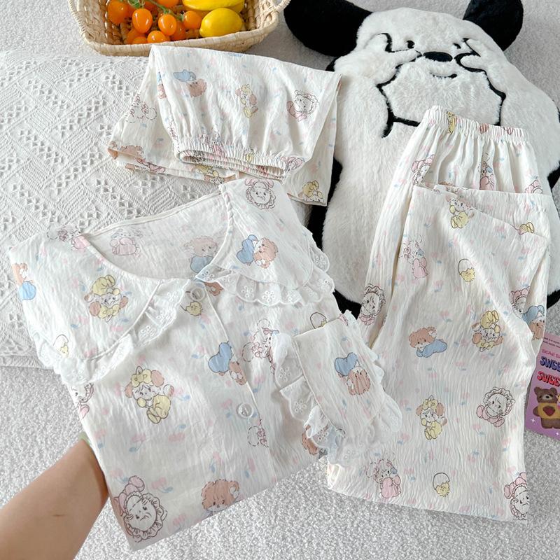Doll Collar Lace Mikko Pajamas Women'S Summer Cloud Cotton Loungewear Short Sleeve Three-Piece Set