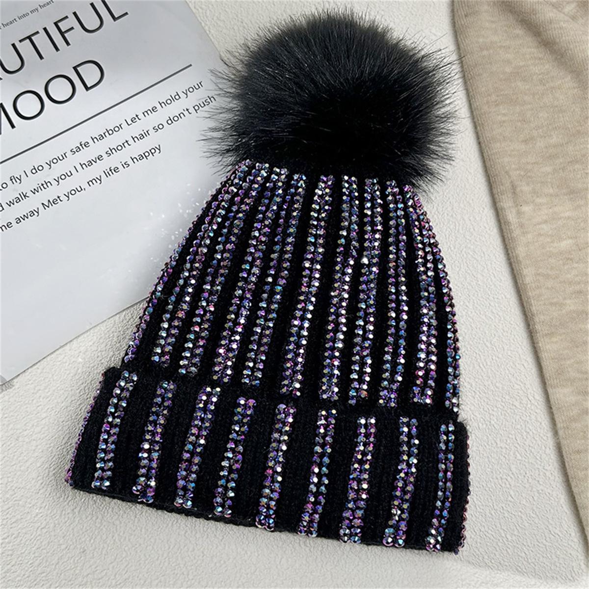 Women s Fashion Rhinestone Pom-Pom Knitted Hat, Cute, Versatile, Warm, Buffet Ski Beanie