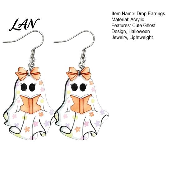 Comfortable Daily Earrings Cute Reading Ghost Earrings, Sweet Bowknot Drop Lightweight Acrylic Halloween Jewelry for Women Girls Dangle