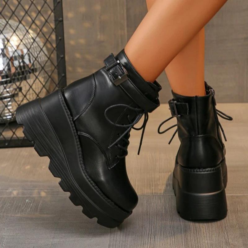2025 NEW Punk Style Women Shoes Lace-up heel height 9CM Platform Shoes Woman Gothic Ankle Rock Boots Metal Decor Woman Sneakers