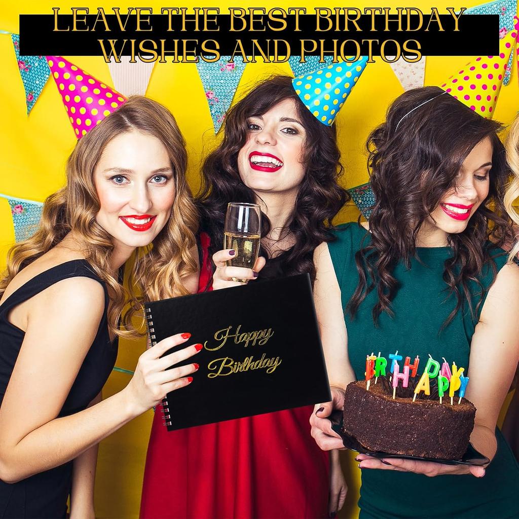 Birthday Guestbook with Pens Stickers Happy Birthday Signature Book 8.3 X 6.5 Inch Black Gold Birthday Guestbook for Birthday Photobooth Photo Strips