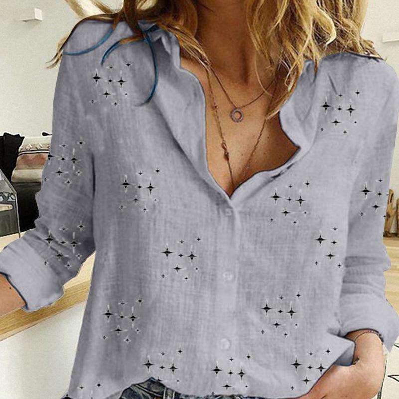 1pc Cotton Linen Casual Lapel Blouses Shirts Elegant Long Sleeve Plus Size Loose Tops Stars Printed Women Shirts Solid Button