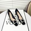 B temperament square head rhinestone high heels design sense shallow mouth square buckle one pedal lazy satin single shoes