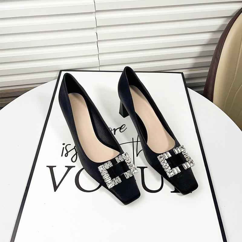 B temperament square head rhinestone high heels design sense shallow mouth square buckle one pedal lazy satin single shoes