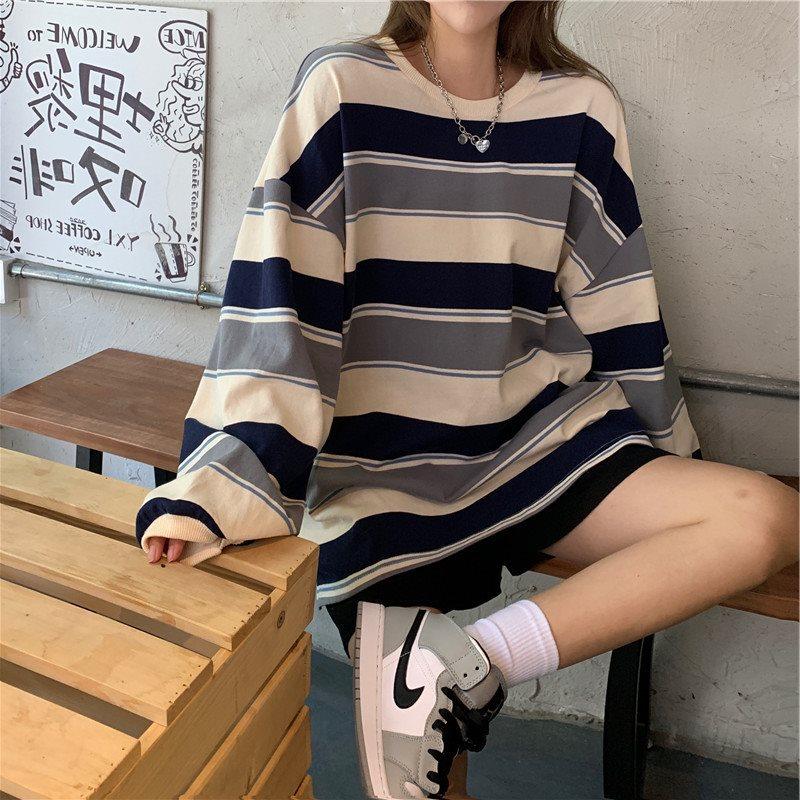 Stripe Chic Hoodie Women Spring Autumn Thin Ins Loose Korean Bf Lazy Style Plus Size Tee