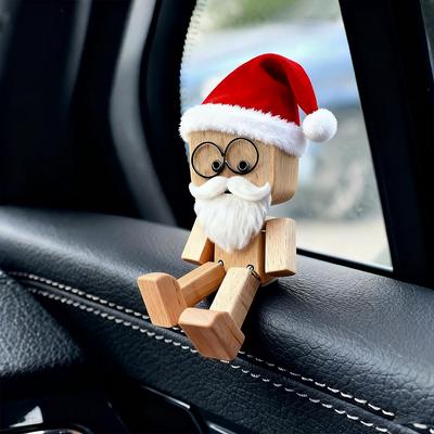 Christmas Hat Wooden Man Car Ornament Creative Handmade Wooden 12 Glasses Expressions Decoration Replaceable Wooden Man Man D9R6