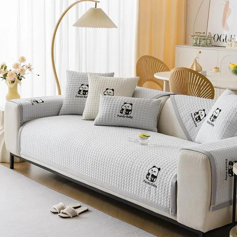 1pcs Cute Cartoon Panda Pattern Sofa Mat Summer Ice Silk Cool Non-slip Couch Cushion Living Room Furniture Protector Cover