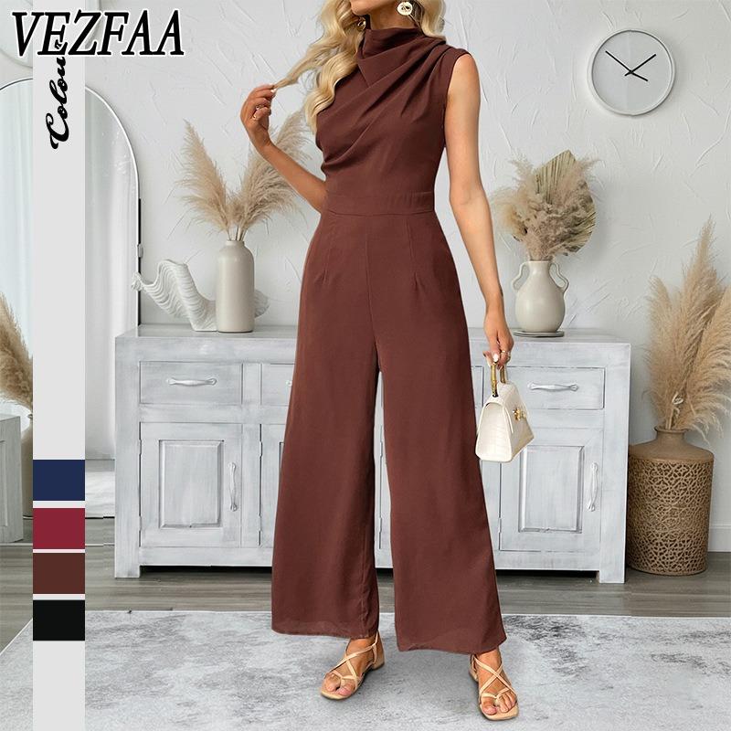 VEZFAA Women's Fashiaon Casual Summer Spring Solid Color Print Sleeveless Half Turtleneck High Waist Trousers Jumpsuits & Rompers