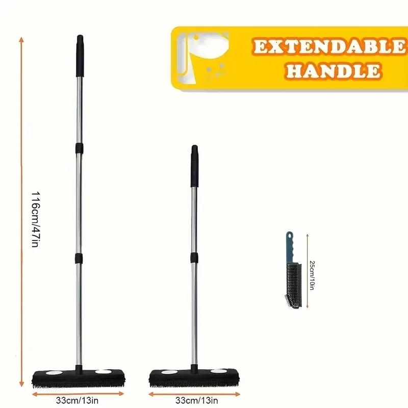 2Pcs Rubber Broom Carpet Rake with Squeegee Long Handle for Pet Hair Fur Remover Broom for Fluff Carpet Hardwood Floor