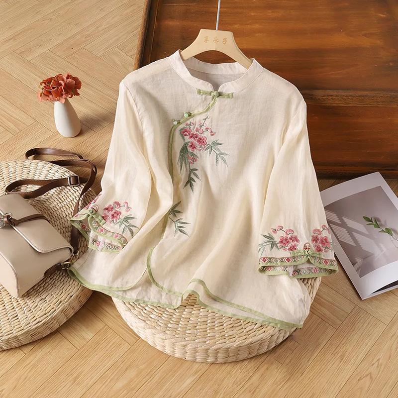Summer New Retro Buckle Stand-up Collar Diagonal Placket Ethnic Style Embroidered Cotton and Linen Seven-quarter-sleeved Shirt Top Women