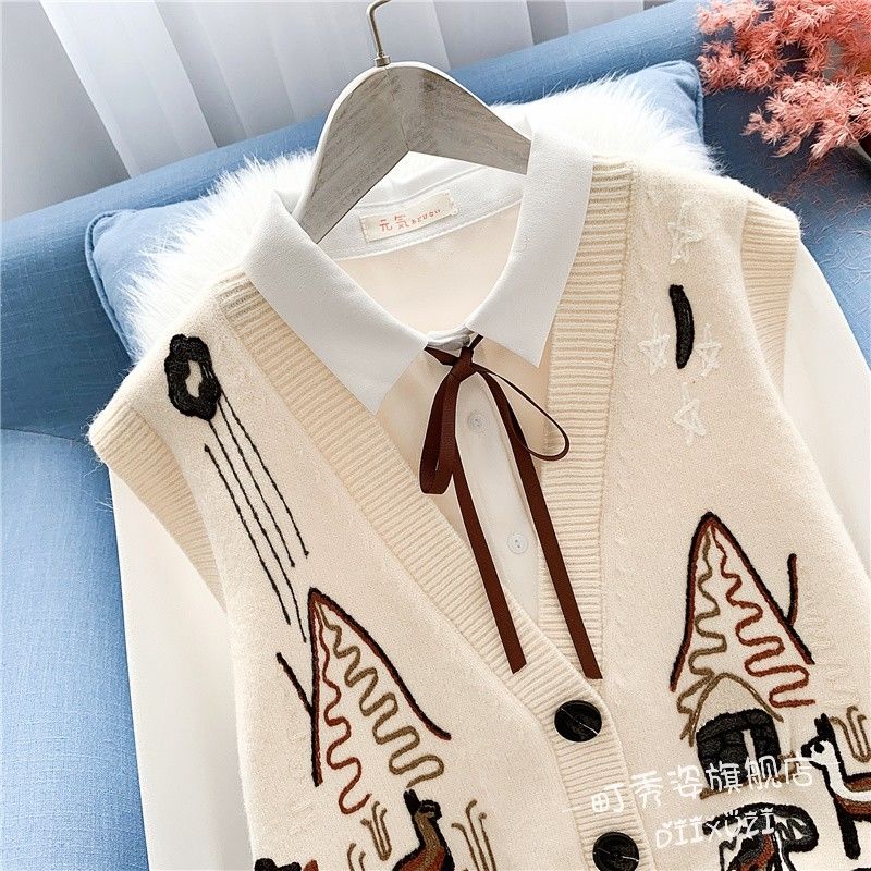 Spring  Autumn Knitted Vest Women Loose Knit Sleeveless Top V-neck Sleeveless Sweater Embroidered Cardigan Vest