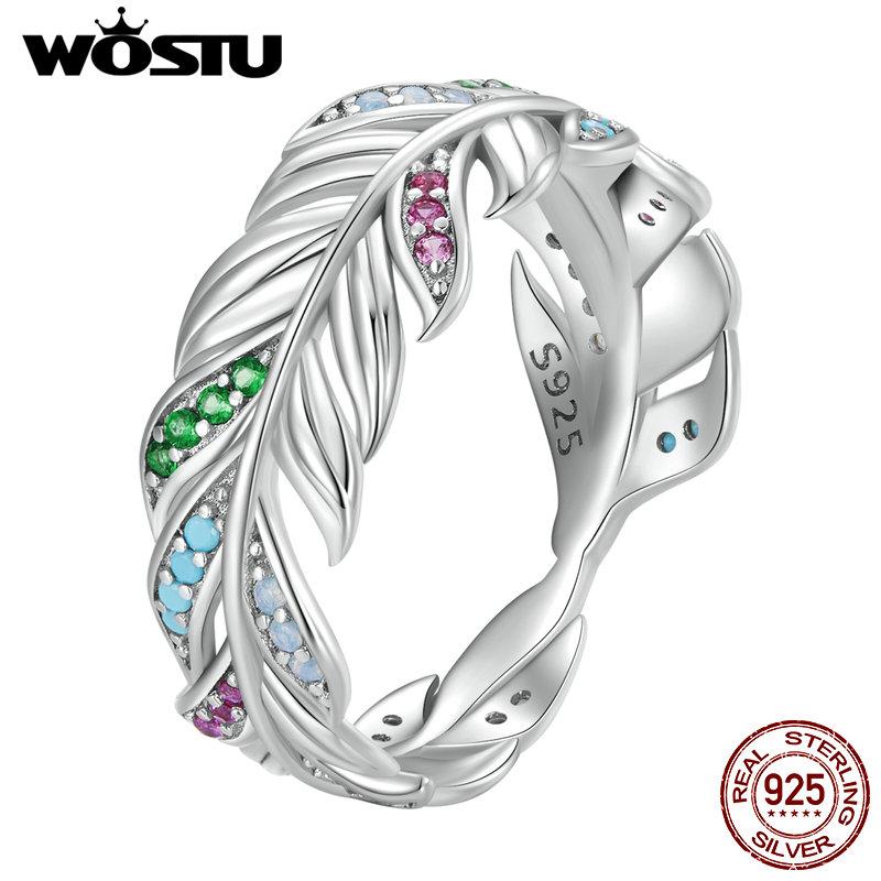 WOSTU 925 Sterling Silver Jemný barevný prsten se zirkonovým peřím pro ženy Dárek k narozeninám Elegantní jemné šperky