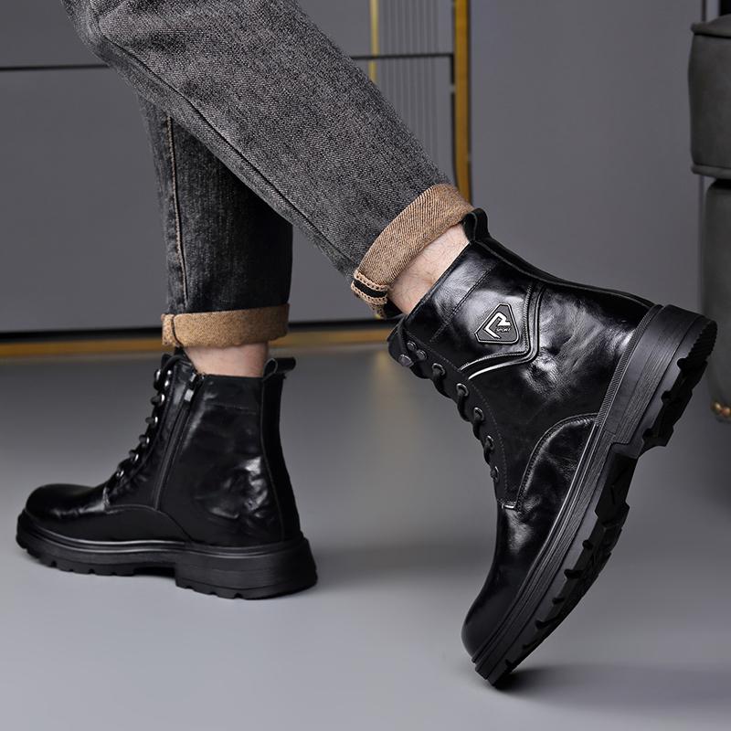 British Style Mens Winter Platform Snow Boots Fashion Genuine Leather Outdoor Antiskid Walking Ankle Boots Mens High Top Boots