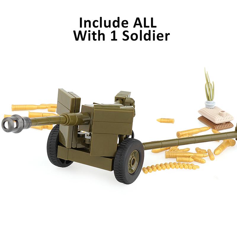 

Немецкое советское военное оружие времен Второй мировой войны, строительные блоки, фигурка солдата, противотанковая пушка, снаряд, детали, кирпичики, игрушки для детей