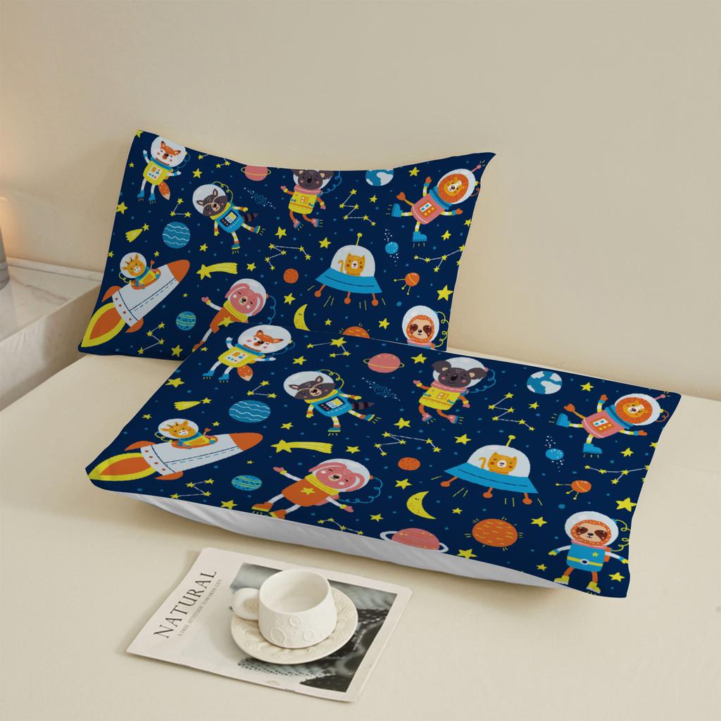 3pcs Playful Fitted Sheet Set For Kids Boys Cartoon Style Space Animals Rockets Planets Stars Printed 100% Polyester Bed Sheet