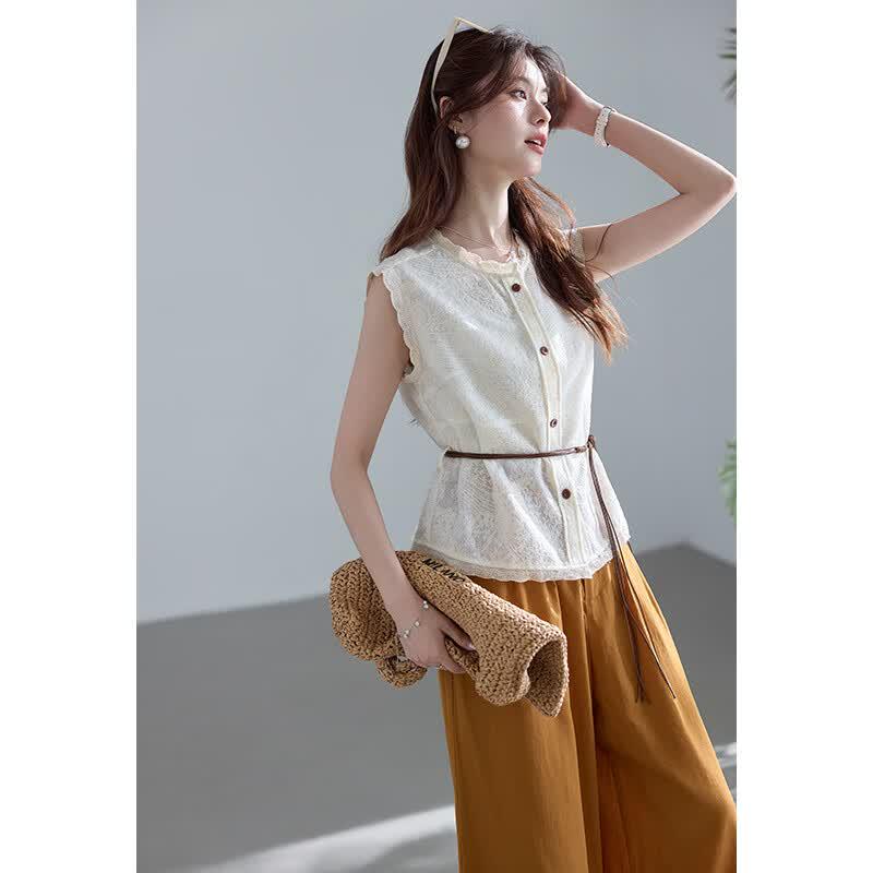 VICTORIA&VERA Lace Sleeveless Shirt & Wide-Leg Pants Set