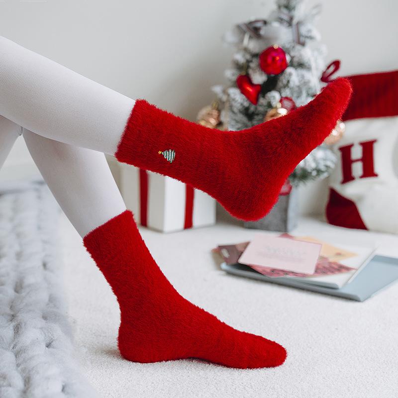 2024 Women's Christmas Stockings: Mink Velvet, Mid-Calf, Red Embroidered, Warm Autumn/Winter Socks.