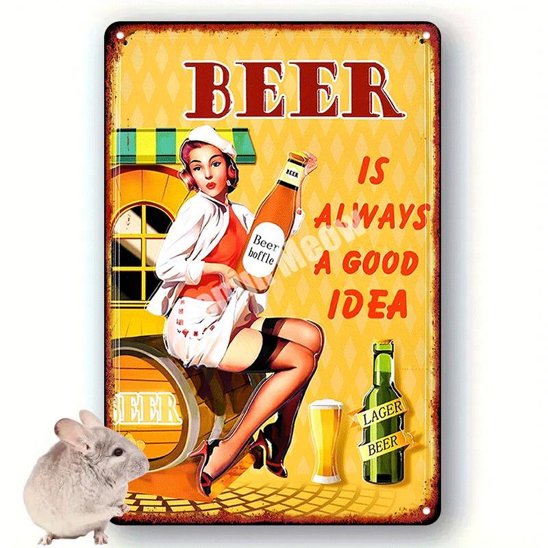 

Vintage Beer Time Aluminum Sign Retro PinUp Beer Maiden Illustration for Home Bar Cafe Club Dorm Wall Decor Durabl 20x30cm（7.8x11.8inch）