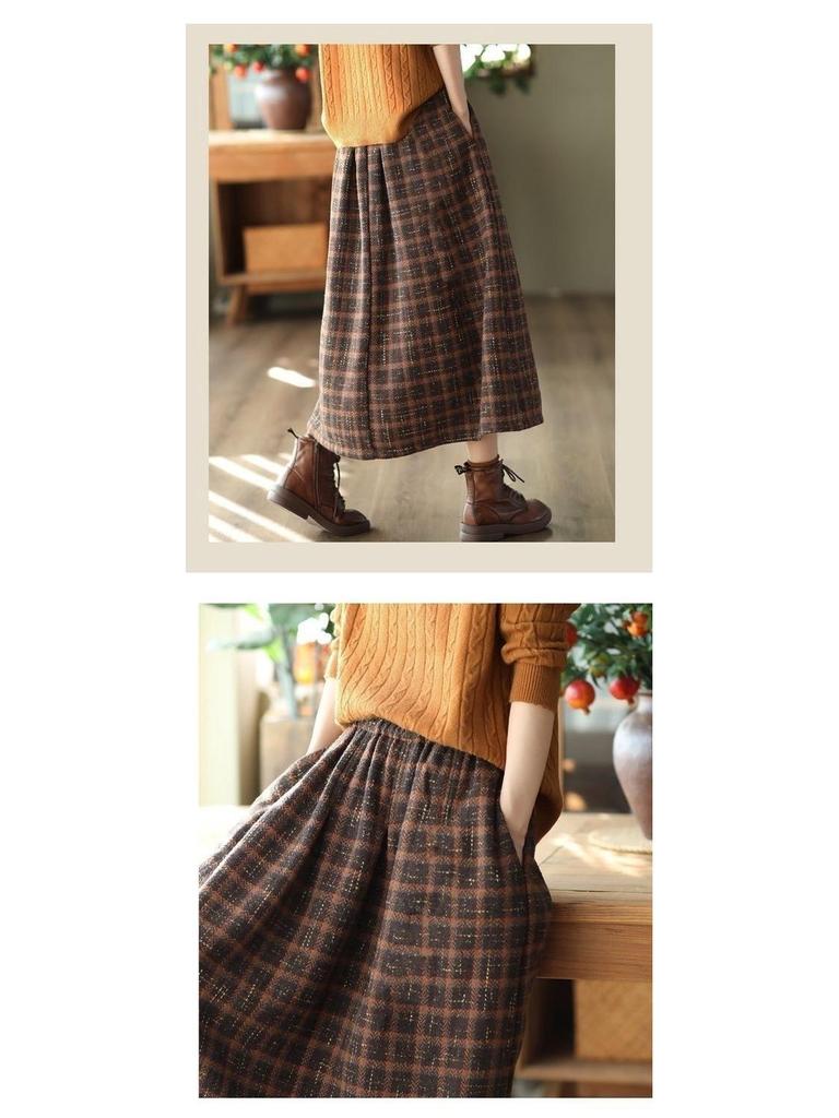 Fustă Midi A-line din Lână Carouri - Talie Elastică pentru Femei Stil Toamnă/Iarnă