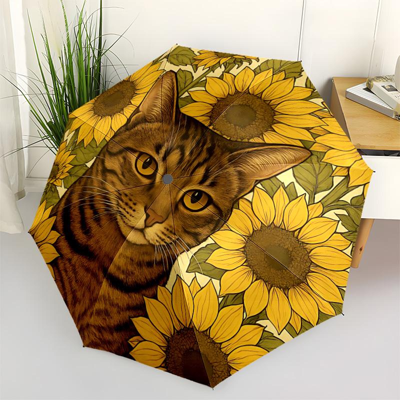 1pc Sunflower Cat Print Automatic Open/close Folding Umbrella, Compact Portable Travel Umbrella,Durable Construction yy250814193