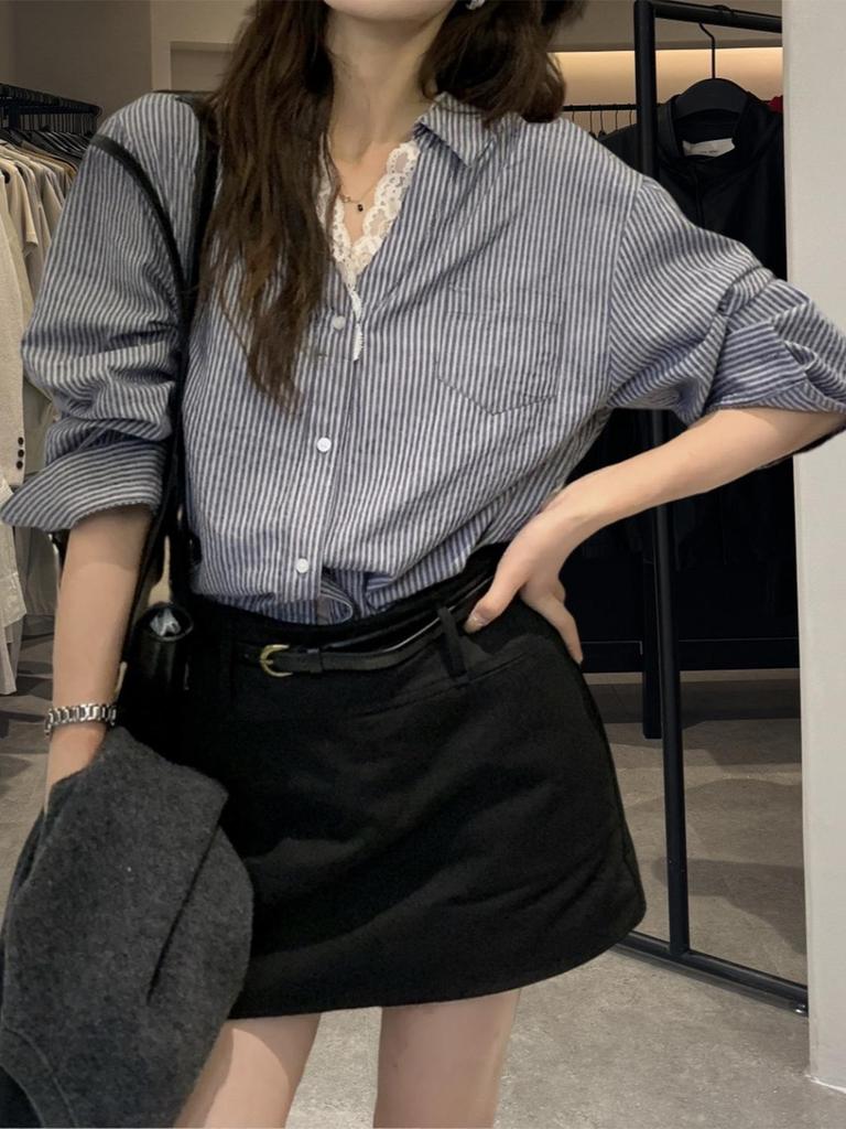 Korean Style V-Neck Lace Patchwork Blouse for Women - Autumn Edition