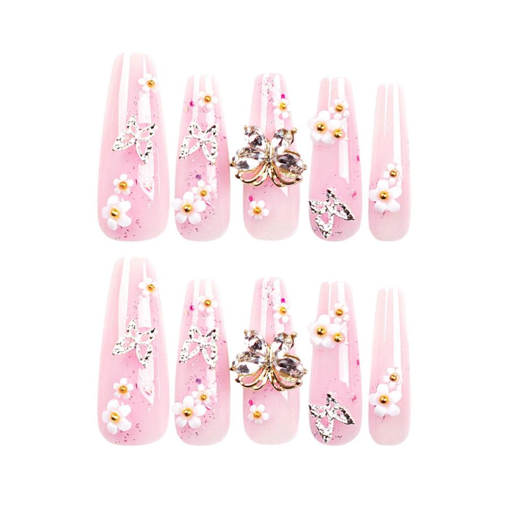 Sweet Pink Glitter Butterfly Press-On Nails with Floral Design