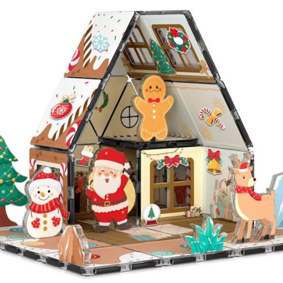 Magnetic Gingerbread House Building Set for Kids DIY Holiday Cookie House Toy with Magnetic Tiles Winter Theme Magnet Building Blocks