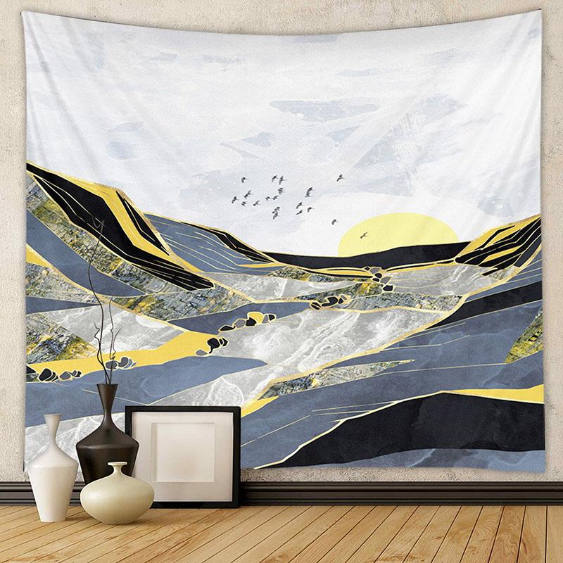Nordic Mountain Sunset Printed Tapestry Natural Landscape Wall Hanging Cloth Beautiful Bedroom Background Decoration with Nails