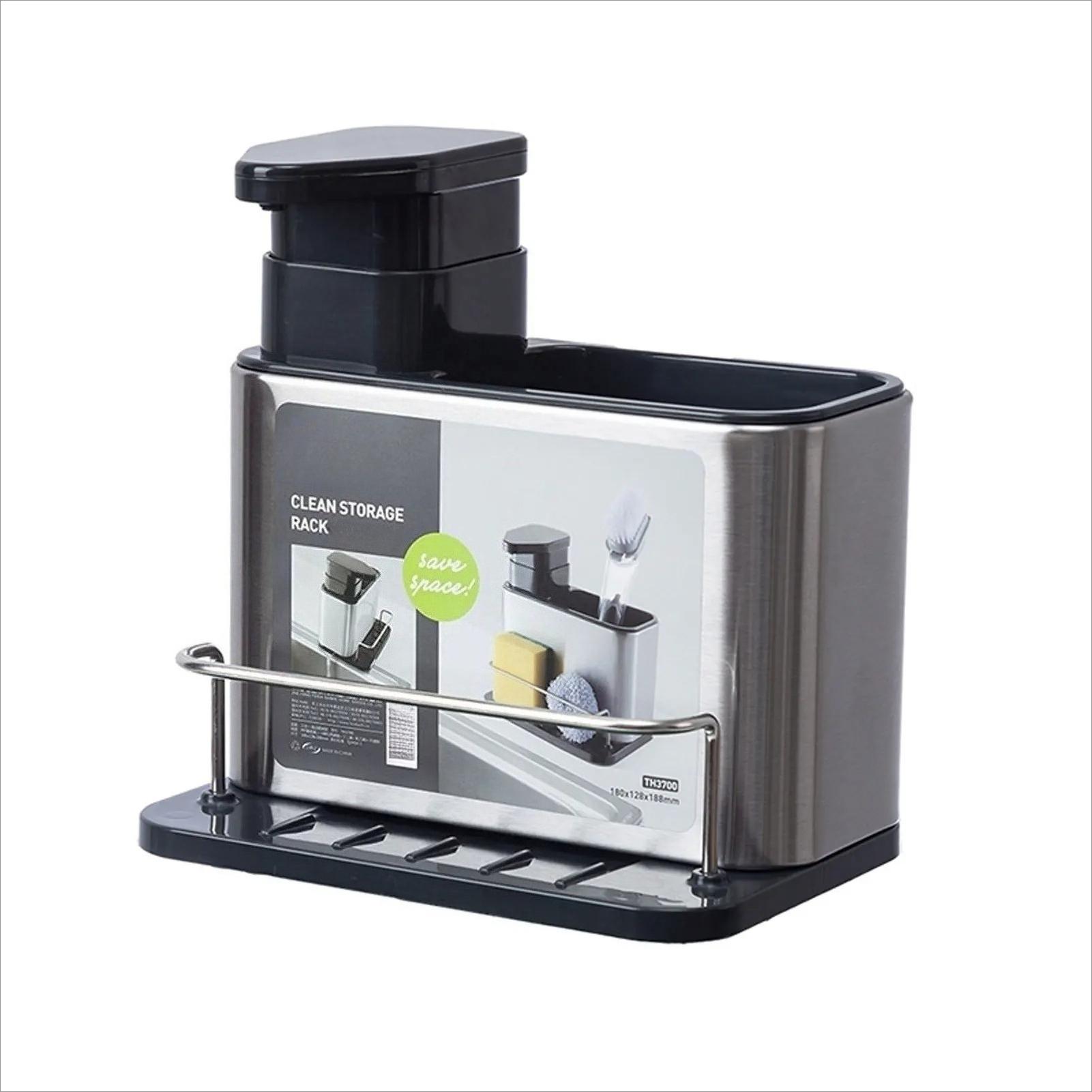 3 in 1 Stainless Steel Soap Dispenser Sponge Holder Kitchen Sink Organizer With Drain Holes Sink Soap Pump серебряный