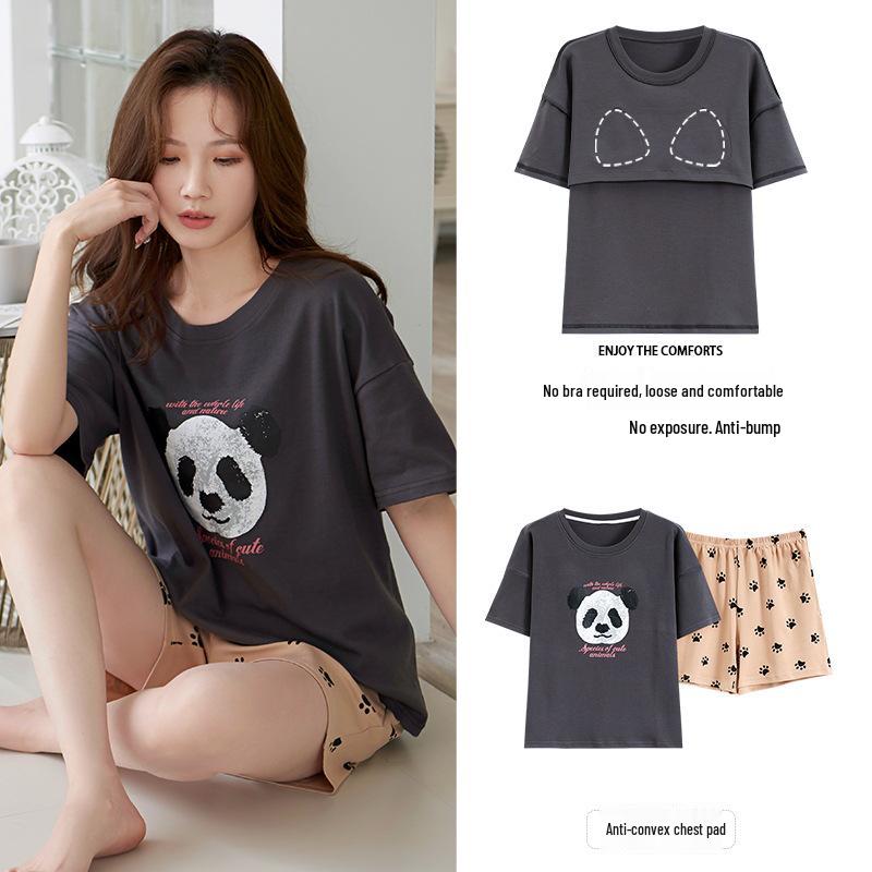 

Women s Summer Cartoon Style Pajamas with Built-in Bra, Thin Cotton, Short-Sleeve, Round Neck - Suitable for Outdoors and Home M [80-95 lbs]