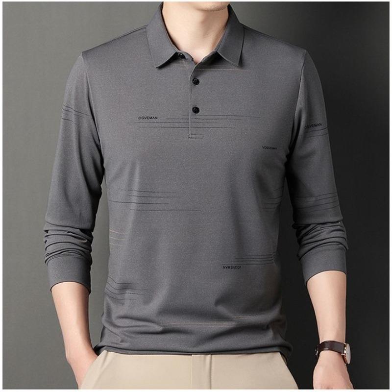

Футболка с лацканами и длинными рукавами, мужская, полосатая, весна-осень, для среднего возраста, повседневная, рубашка поло, наряд для папы M серый