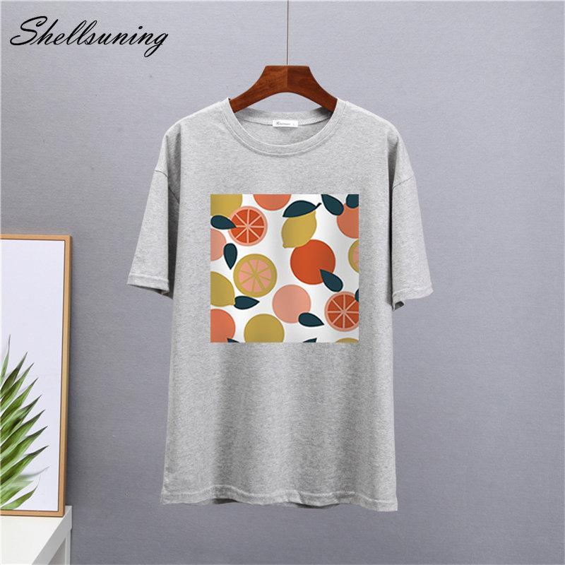Shellsuning Casaul Kawaii Fruit Printed T Shirt Women Loose O Neck Short Sleeve Base Tees Female Simple Cotton Trendy White Tops