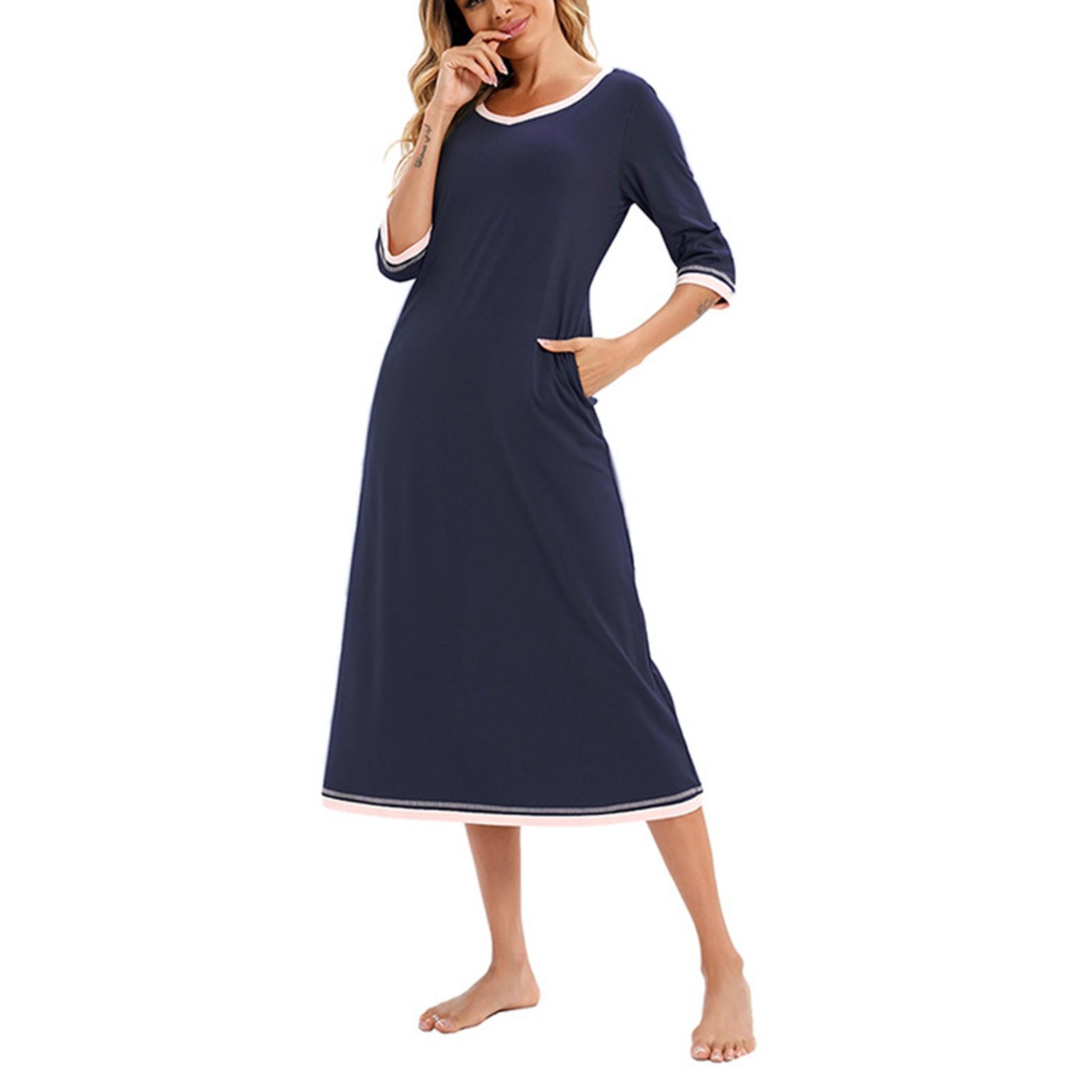 

Women s Summer Loose V-neck Long Shirt Colorblocking Seven-quarter Sleeve Without Pockets Home Leisure Dresses S Темно-синій