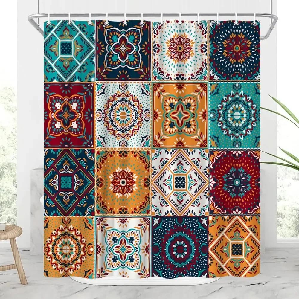 Mexican Floral Shower Curtain, Ethnic Art, Birds and Paisley, Flowers in White,Polyester, Waterproof, Bathroom Decor
