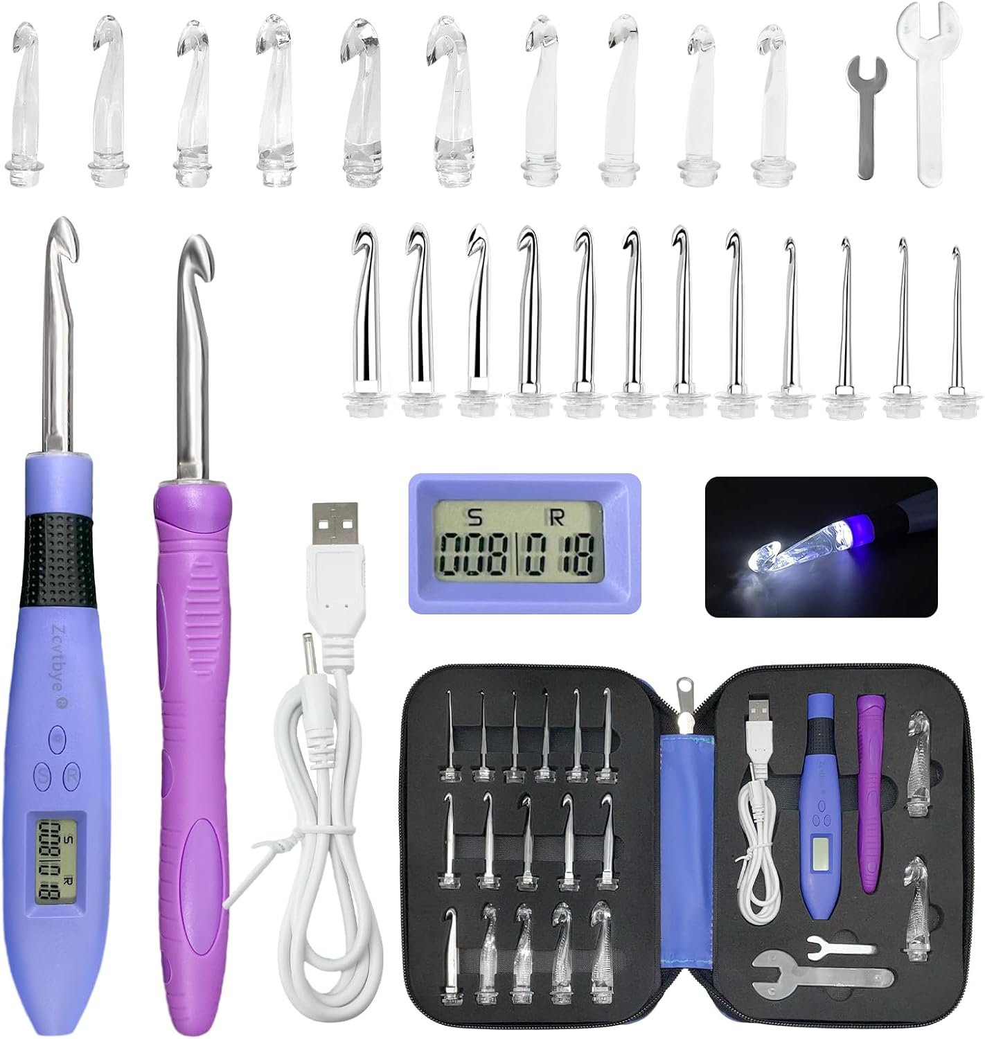 

Набор из 22 шт. светящихся крючков для вязания с счетчиком, эргономичные спицы, сменные металлические и головки, инструмент для рукоделия для вязальщиков крючком