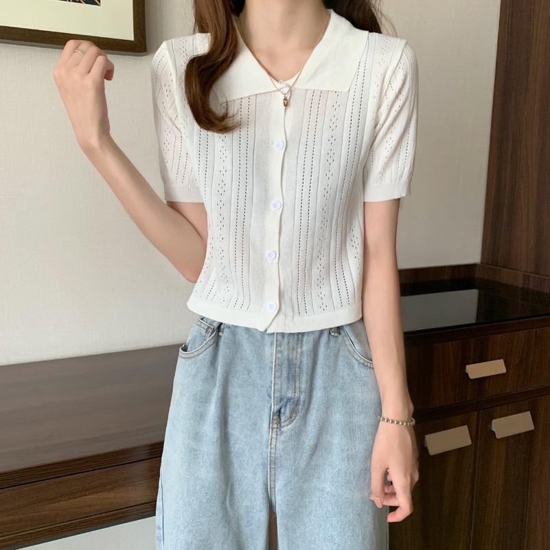 Knit Sweater Short Sleeve Tops Summer Thin Design Pink Hollow High Waist Short Paragraph Casual Essential Comfort and Style Slim Fit Pullovers Tees