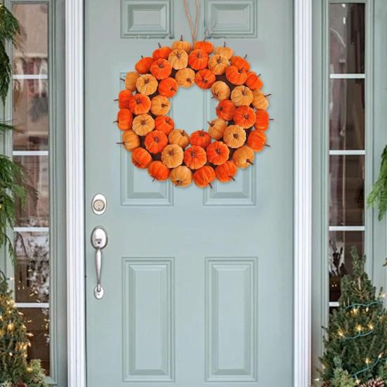 40CM Artificial Cloth Pumpkin Wreath Indoor Outdoor Front Door Wall Hanging Fake Pumpkin Garland Autumn Halloween Thanksgiving Day Harvest Festival