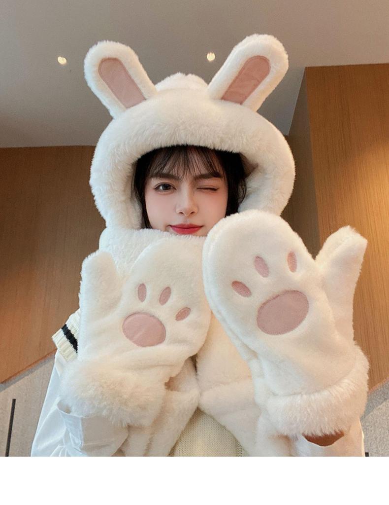 Women's Fleece-Lined Winter Hat & Scarf Three-Piece Set with Gloves and Hooded Rabbit Ears