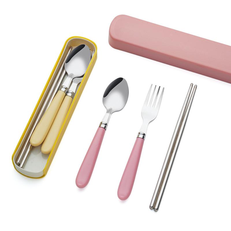 Stainless steel portable tableware set, plastic handle travel portable three-piece set, student canteen spoon fork chopsticks
