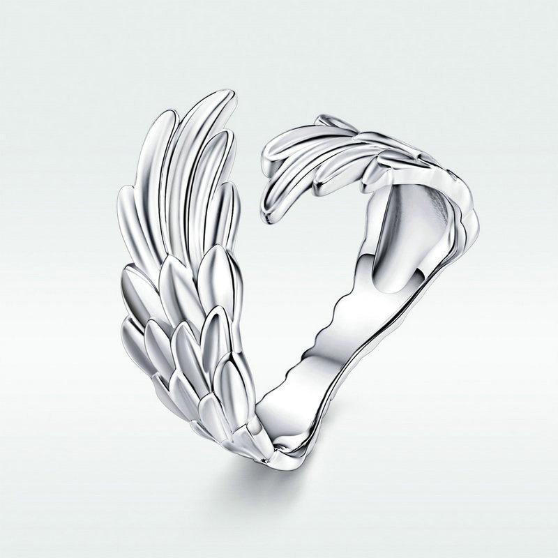 Yintai Fei Adjustable Unisex Thai Silver Feather Wing Ring - White Gold Plated Retro Style.