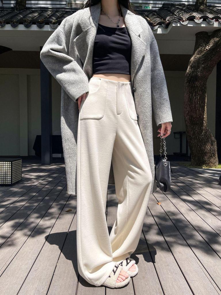 Ai Xuan Grey Acetate Wool Straight Leg Trousers - 2025 Autumn/Winter Women's High-End Narrow Leg Casual Pants
